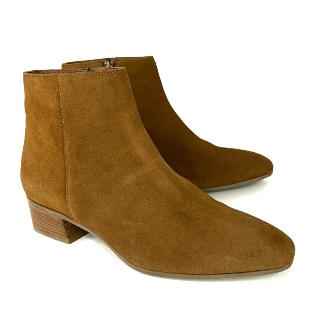 Aquatalia Fuoco Suede Ankle Boot Bark Tan Booties Square Toe Side Zip Block Heel